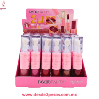 2 EN 1 Labial Mate y brillo FAVOR BEAUTY 6 tonos 12 X 2 cm caja con 24 pza, precio por 1 pza. LG3690 2 EN 1 Labial Mate y brillo FAVOR BEAUTY 6 tonos 12 X 2 cm caja con 24 pza, precio por 1 pza. LG3690
