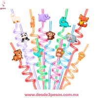 Bolsa con 4 Popotes reutilizables de plástico de animales de la selva 28 cm de largo Bolsa con 4 Popotes reutilizables de plástico de animales de la selva 28 cm de largo