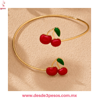 Brazalete Ajustable decorado con pedreria y figura de Cereza en material de metal dorado para Dama 25H-53 Brazalete Ajustable decorado con pedreria y figura de Cereza en material de metal dorado para Dama 25H-53